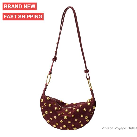 Faux Suede Studded Hobo Bag Adjustable Strap Zipper Closure 11x6 Inches